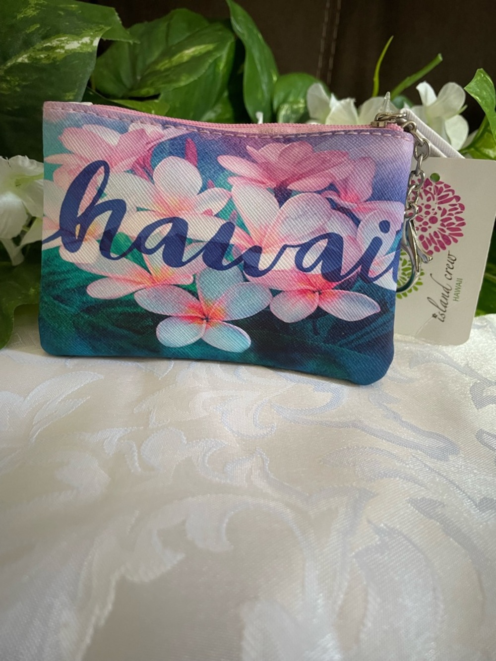 Island Crew Hawaii Plumeria Floral Coin Purse Keychain NWT Souvenir Mini Bag